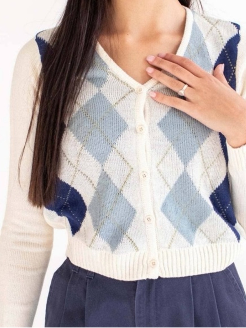 Love Tree Ivory Cardigan with Light Blue & Navy Argyle